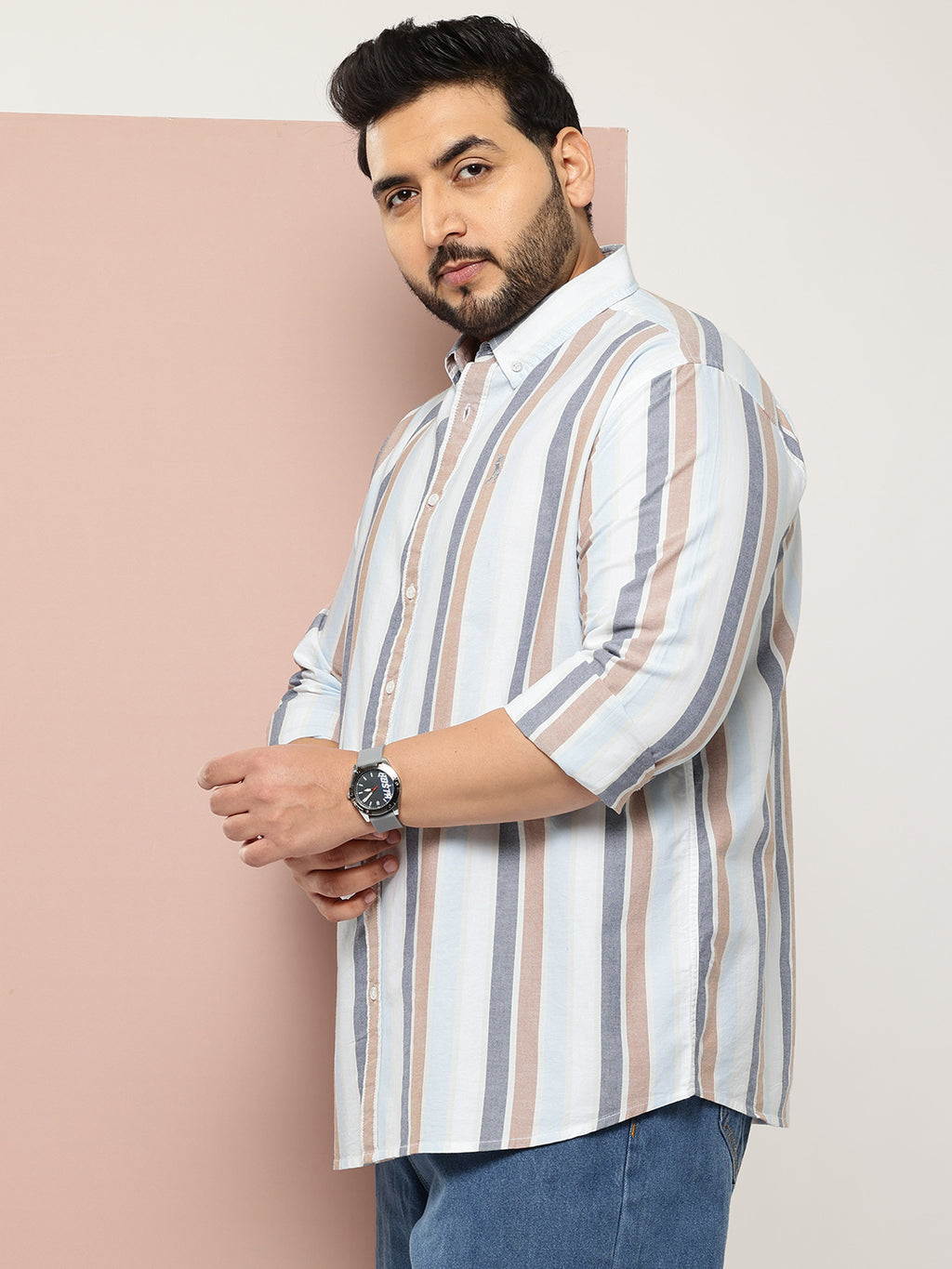 Thomas Scott Men White Plus Size Cricket Club Collections Long Sleeves Button Down Collar Multi Stripes Oxford Casual Shirt