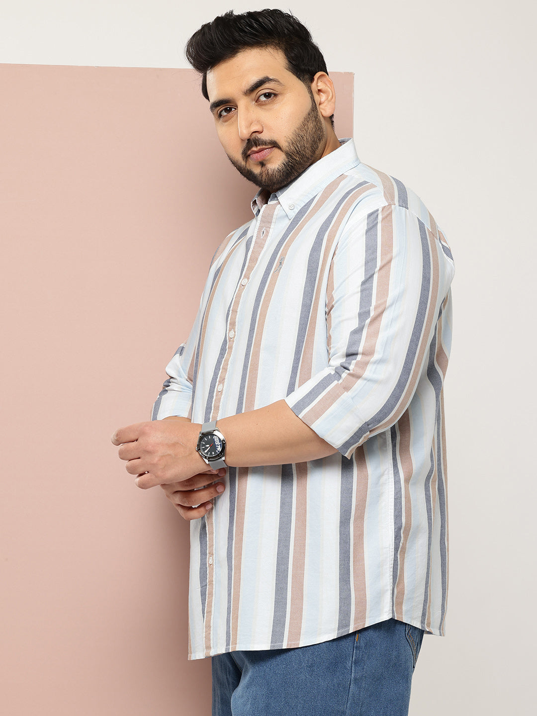 Thomas Scott Men White Plus Size Cricket Club Collections Long Sleeves Button Down Collar Multi Stripes Oxford Casual Shirt