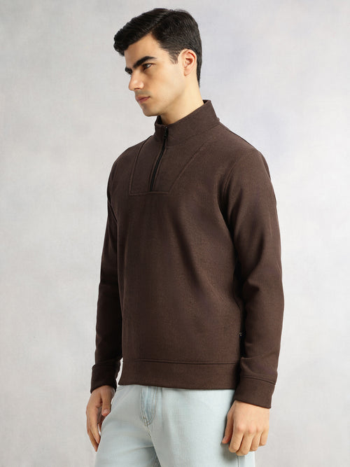 Thomas Scott Men Brown Regular Fit Long Sleeves Mock Neck Half-Zip Solid Polyester Knitted Sweatshirt
