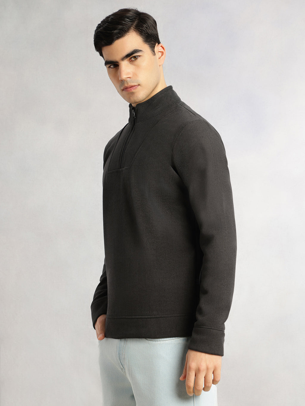 Thomas Scott Men Grey Regular Fit Long Sleeves Mock Neck Half-Zip Solid Polyester Knitted Sweatshirt