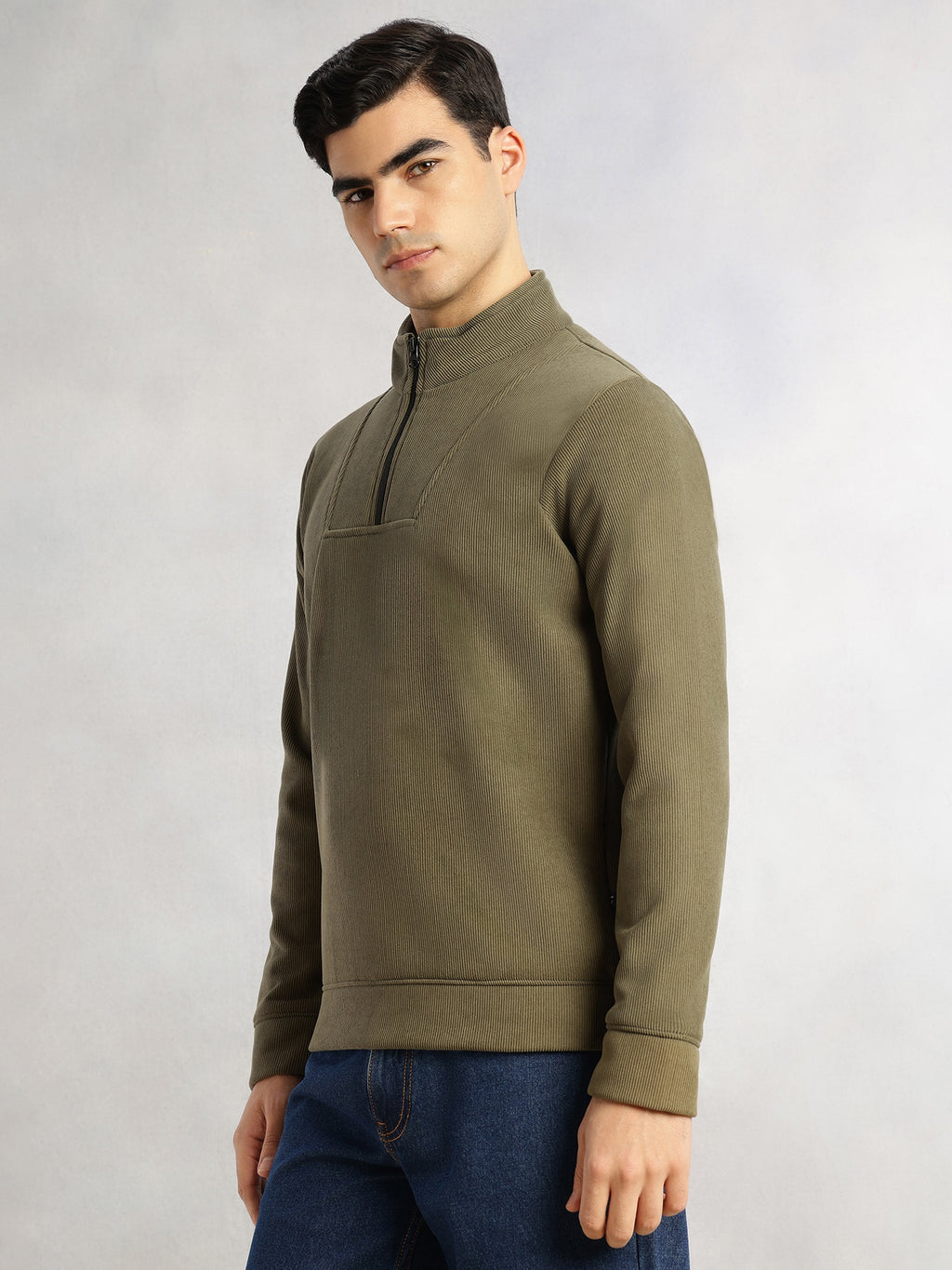 Thomas Scott Men Olive Regular Fit Long Sleeves Mock Neck Half-Zip Solid Polyester Knitted Sweatshirt