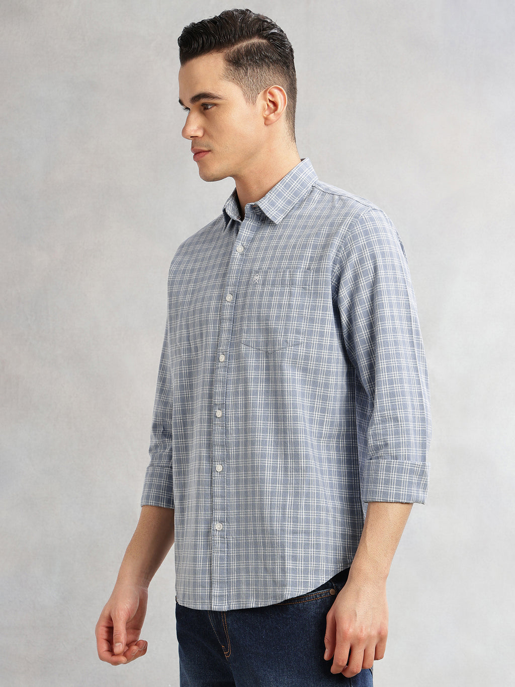 Thomas Scott Men Blue Slim Fit Long Sleeves Spread Collar Tartan Checks Cotton Linen Casual Shirt