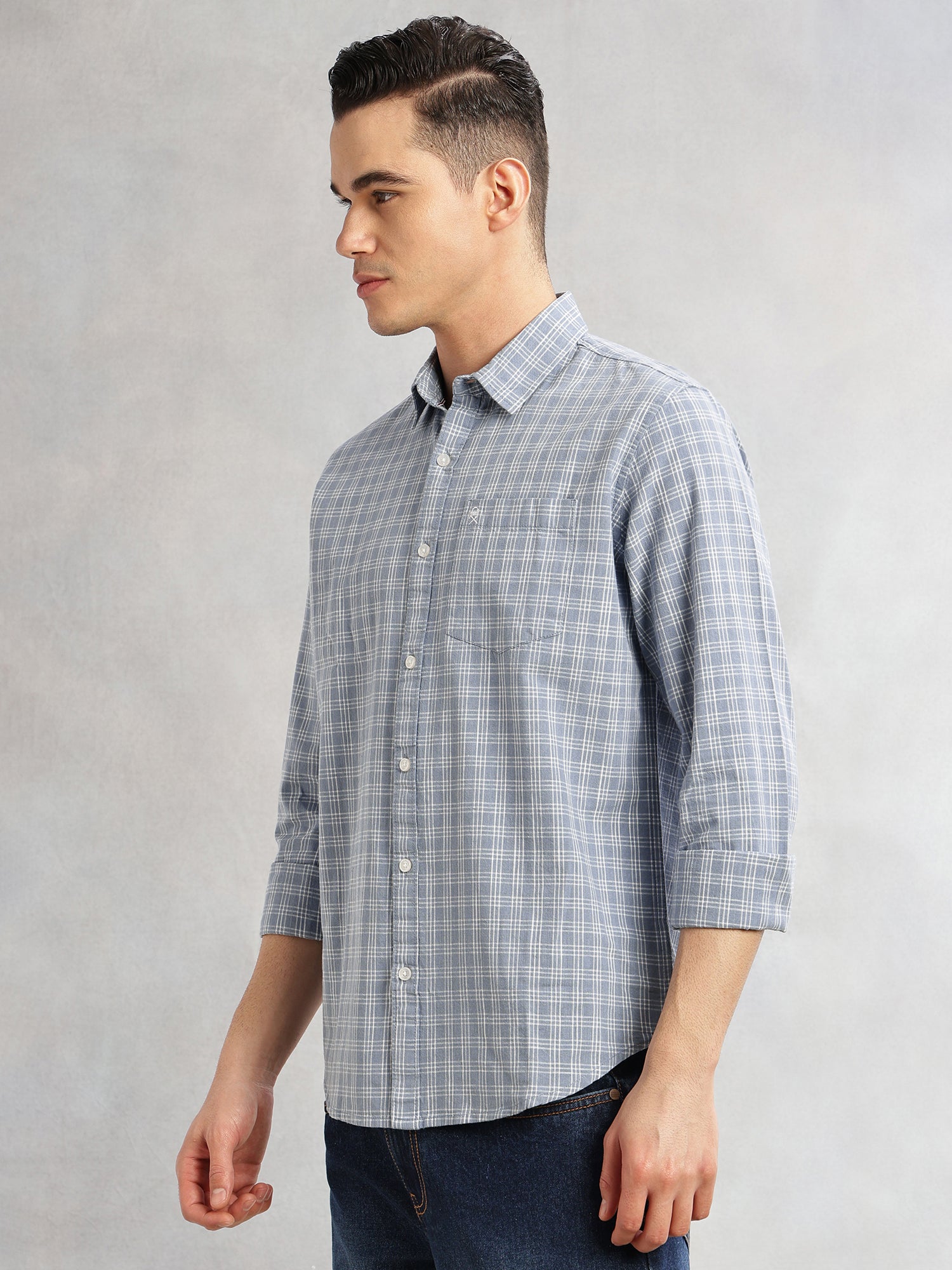 Thomas Scott Men Blue Slim Fit Long Sleeves Spread Collar Tartan Checks Cotton Linen Casual Shirt