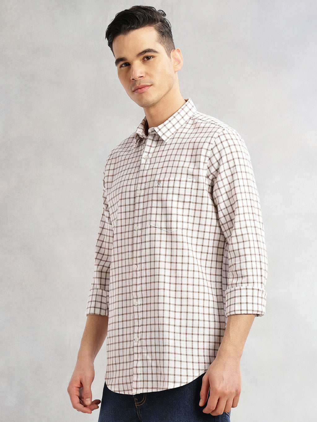 Thomas Scott Men Brown Slim Fit Long Sleeves Spread Collar Tartan Checks Cotton Linen Casual Shirt
