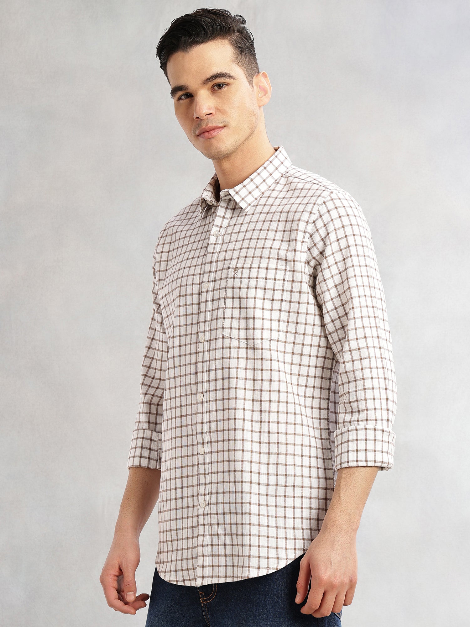 Thomas Scott Men Brown Slim Fit Long Sleeves Spread Collar Tartan Checks Cotton Linen Casual Shirt