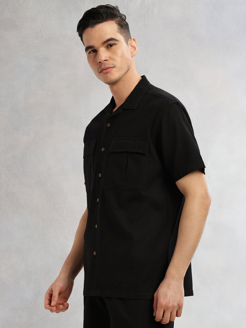 Thomas Scott Men Black Cricket Club Collection Oversized Fit Short Sleeves Textured Cotton Casual Shirt