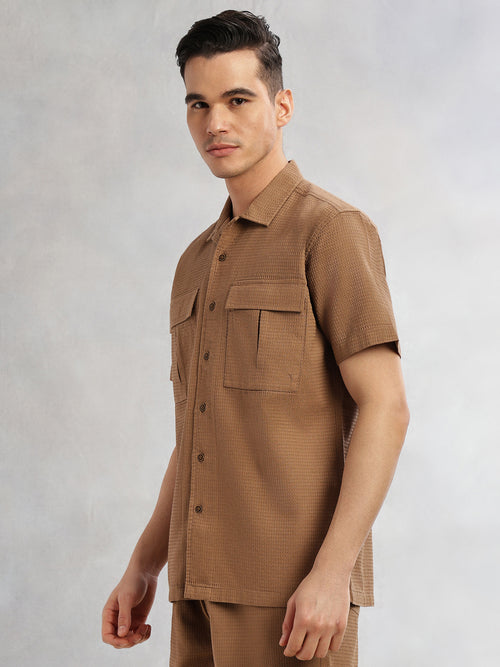 Thomas Scott Men Brown Cricket Club Collection Oversized Fit Short Sleeves Textured Cotton Casual Shirt