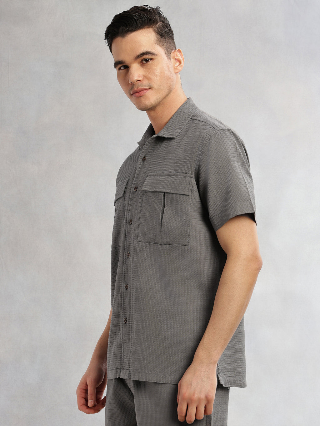 Thomas Scott Men Grey Cricket Club Collection Oversized Fit Short Sleeves Textured Cotton Casual Shirt