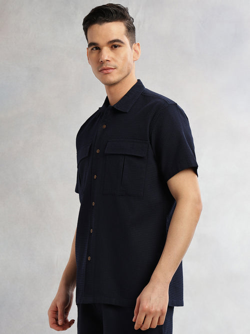 Thomas Scott Men Navy Cricket Club Collection Oversized Fit Short Sleeves Textured Cotton Casual Shirt