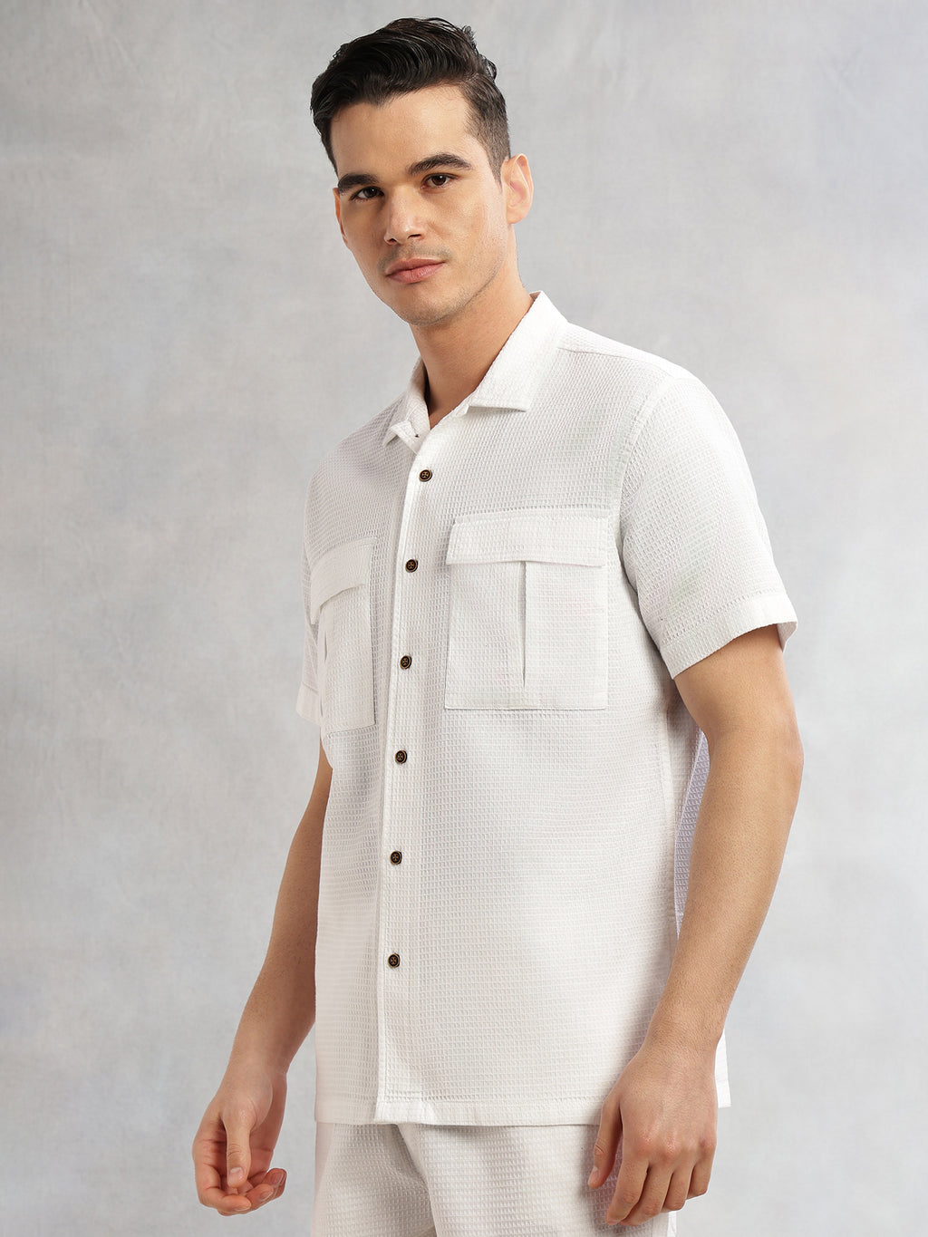 Thomas Scott Men White Cricket Club Collection Oversized Fit Short Sleeves Textured Cotton Casual Shirt