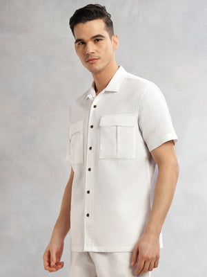 Thomas Scott Men White Cricket Club Collection Oversized Fit Short Sleeves Textured Cotton Casual Shirt