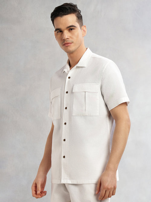 Thomas Scott Men White Cricket Club Collection Oversized Fit Short Sleeves Textured Cotton Casual Shirt