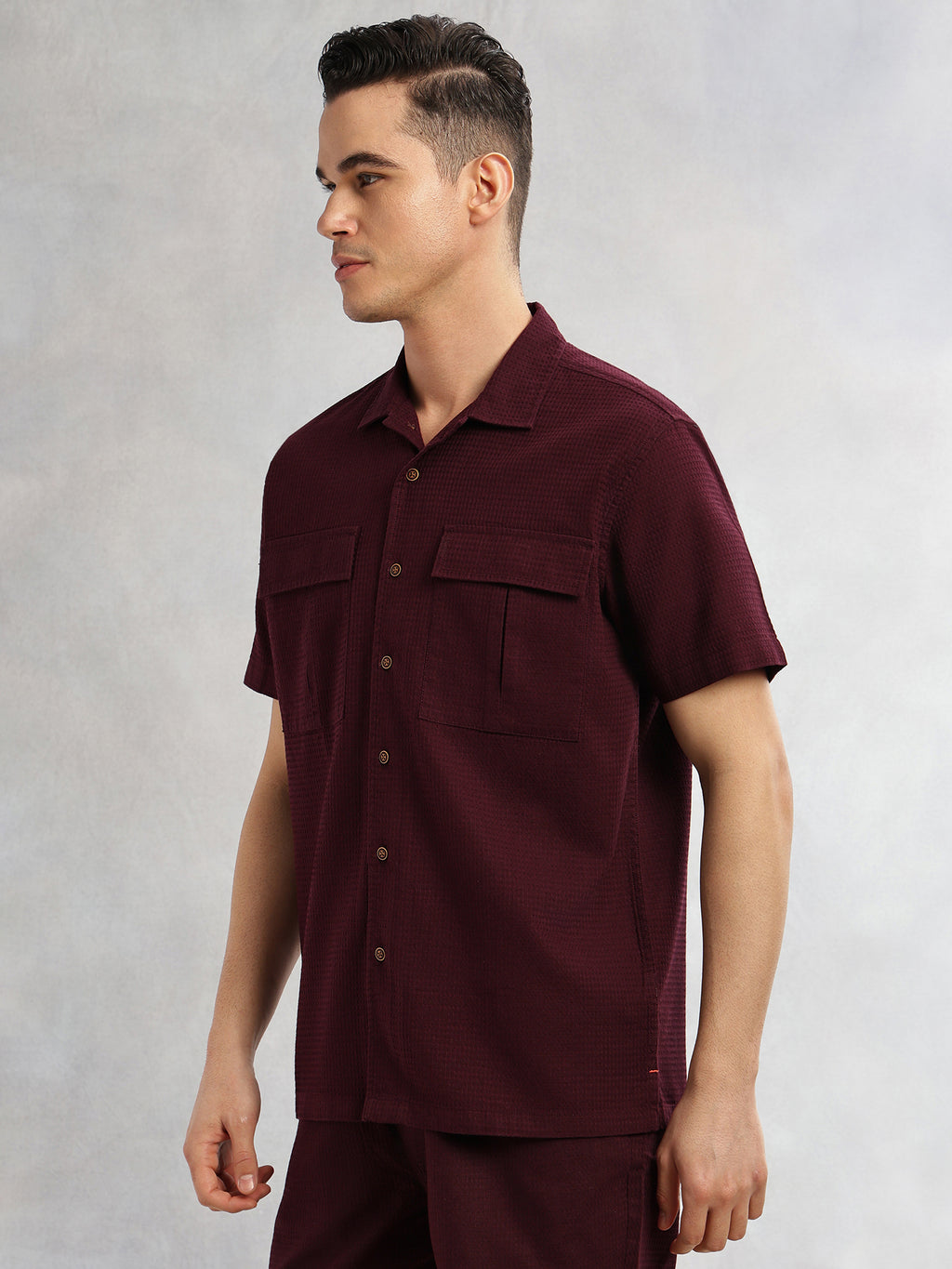 Thomas Scott Men Wine Cricket Club Collection Oversized Fit Short Sleeves Textured Cotton Casual Shirt