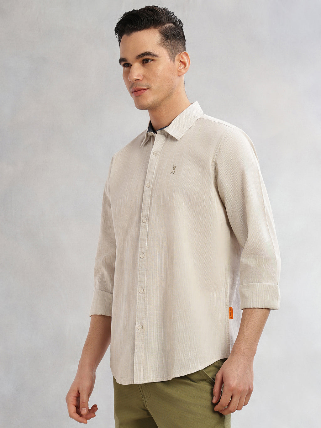 Thomas Scott Men Beige Cricket Club Collection Slim Fit Long Sleeves Spread Collar Pinstripe Cotton Linen Casual Shirt