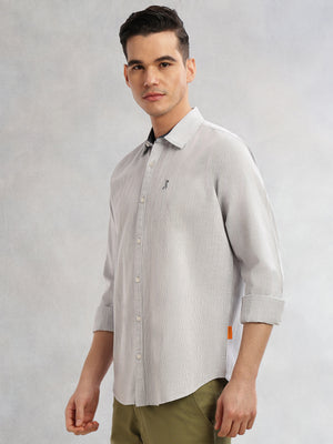 Thomas Scott Men Grey Cricket Club Collection Slim Fit Long Sleeves Spread Collar Pinstripe Cotton Linen Casual Shirt