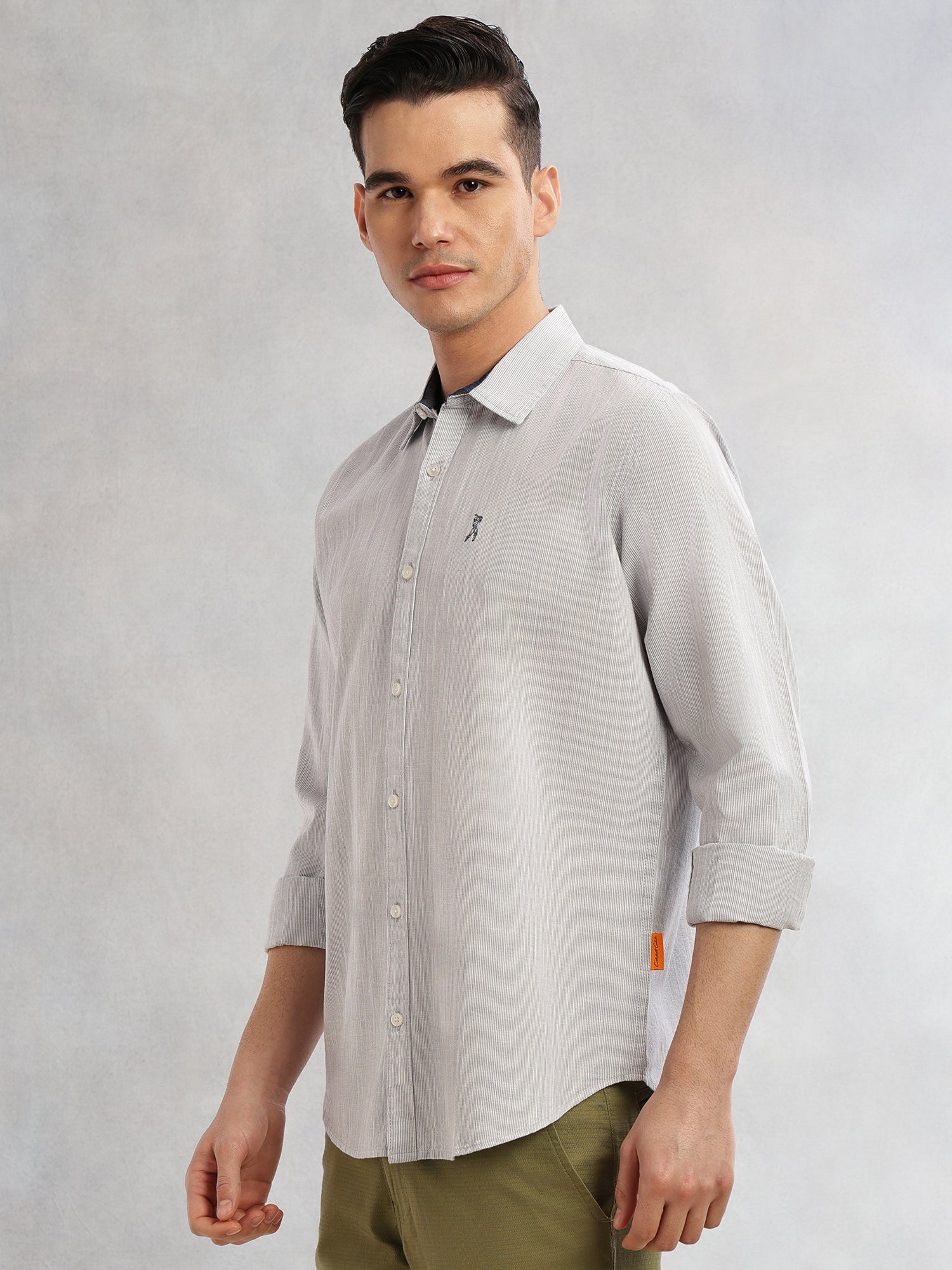 Thomas Scott Men Grey Cricket Club Collection Slim Fit Long Sleeves Spread Collar Pinstripe Cotton Linen Casual Shirt