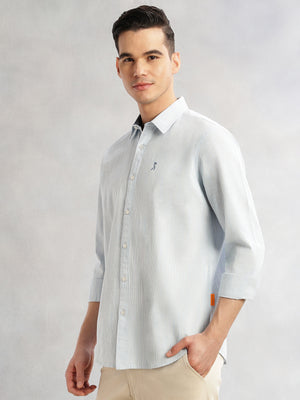 Thomas Scott Men Sky Blue Cricket Club Collection Slim Fit Long Sleeves Spread Collar Pinstripe Cotton Linen Casual Shirt