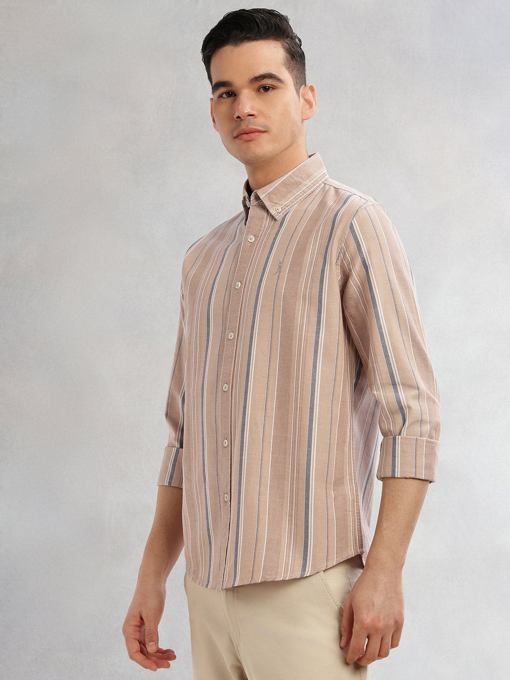 Thomas Scott Men Beige Cricket Club Collection Slim Fit Long Sleeves Button-Down Collar Multi Stripe Cotton Casual Shirt
