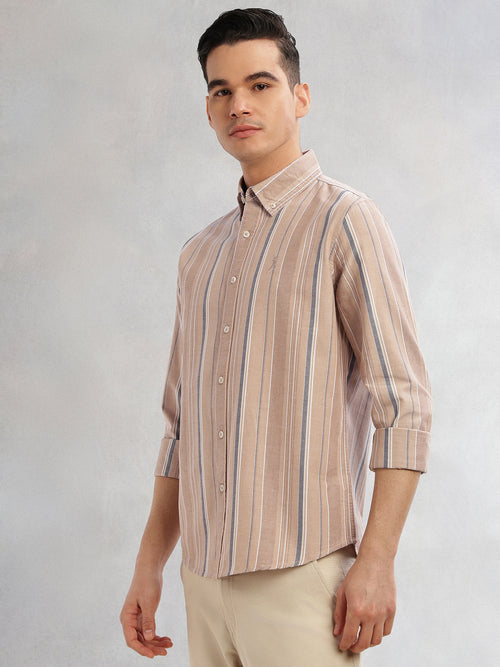 Thomas Scott Men Beige Cricket Club Collection Slim Fit Long Sleeves Button-Down Collar Multi Stripe Cotton Casual Shirt