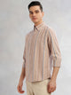 Thomas Scott Men Beige Cricket Club Collection Slim Fit Long Sleeves Button-Down Collar Multi Stripe Cotton Casual Shirt