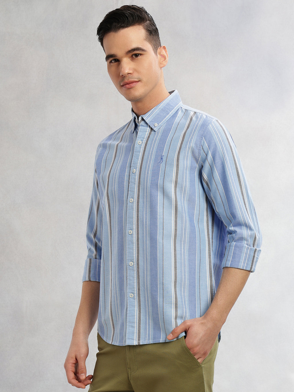 Thomas Scott Men Blue Cricket Club Collection Slim Fit Long Sleeves Button-Down Collar Multi Stripe Cotton Casual Shirt