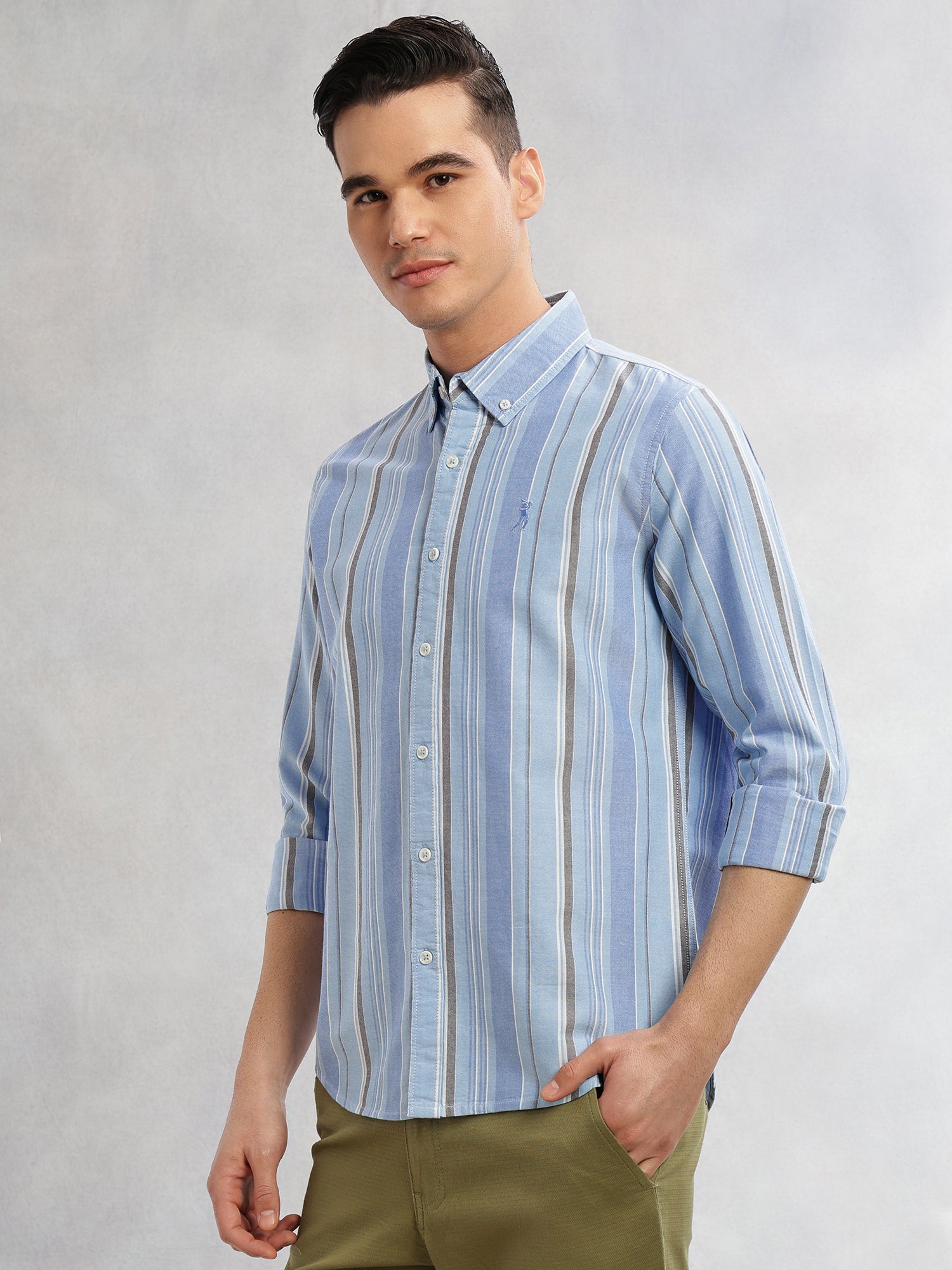 Thomas Scott Men Blue Cricket Club Collection Slim Fit Long Sleeves Button-Down Collar Multi Stripe Cotton Casual Shirt