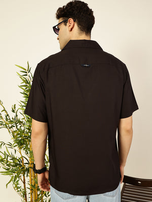 Black Short Sleeves Oversized Fit Solid Cuban Collar Viscose Casual Shirt