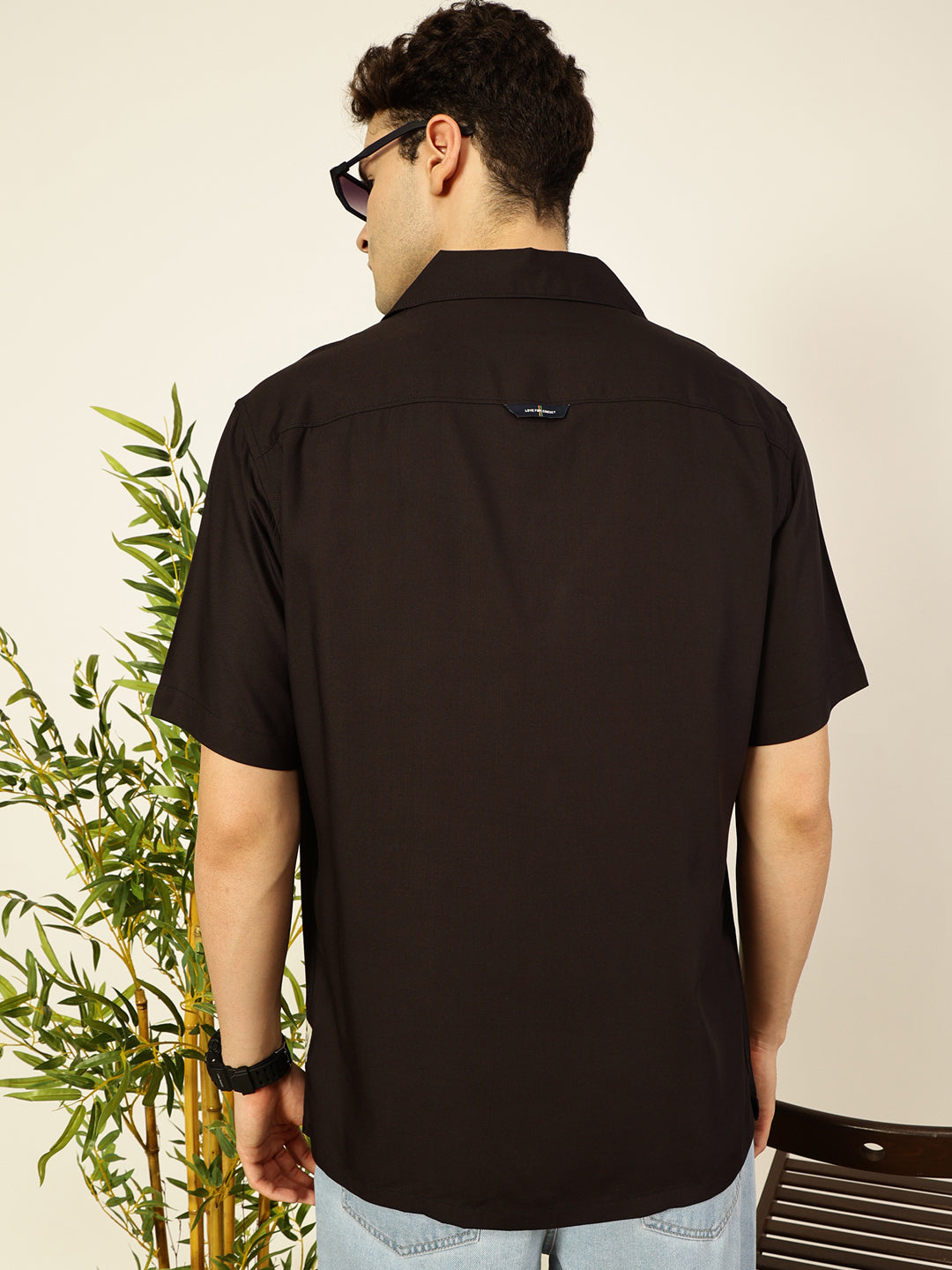 Black Short Sleeves Oversized Fit Solid Cuban Collar Viscose Casual Shirt