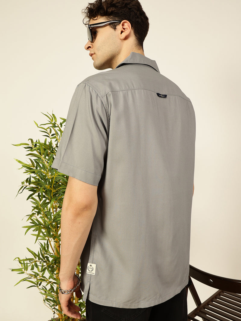 Thomas Scott Men Grey Short Sleeves Oversized Fit Solid Cuban Collar Viscose Casual Shirt