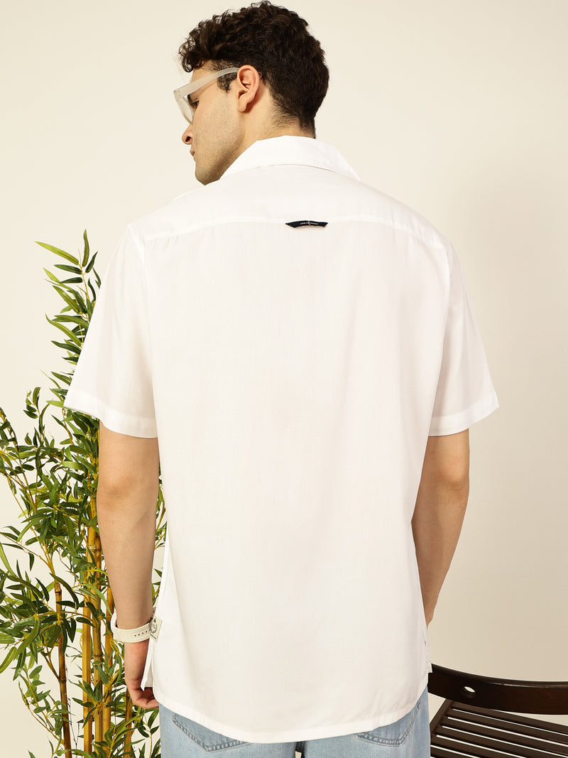 Thomas Scott Men White Short Sleeves Oversized Fit Solid Cuban Collar Viscose Casual Shirt