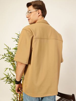 Thomas Scott Men Beige Short Sleeves Oversized Fit Textured Cuban Collar 100% Cotton Twill Casual Shirt