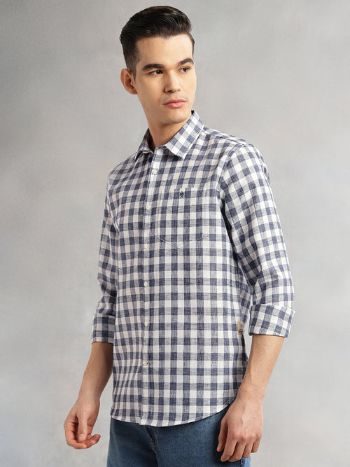 Thomas Scott Men Navy Slim Fit Long Sleeves Gingham Checks Spread Collar Cotton Linen Casual Shirt