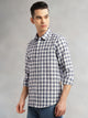 Thomas Scott Men Navy Slim Fit Long Sleeves Gingham Checks Spread Collar Cotton Linen Casual Shirt