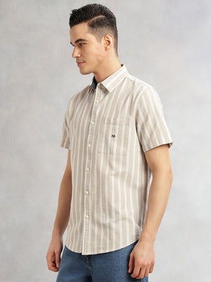 Thomas Scott Men Beige Slim Fit Cotton Linen Vertical Stripes Casual Shirt with Spread Collar & Short Sleeves