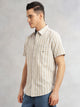 Beige Slim Fit Cotton Linen Vertical Stripes Casual Shirt For Men with Spread Collar & Short Sleeves