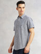 Blue Slim Fit Cotton Linen Vertical Stripes Casual Shirt For Men with Spread Collar & Short Sleeves