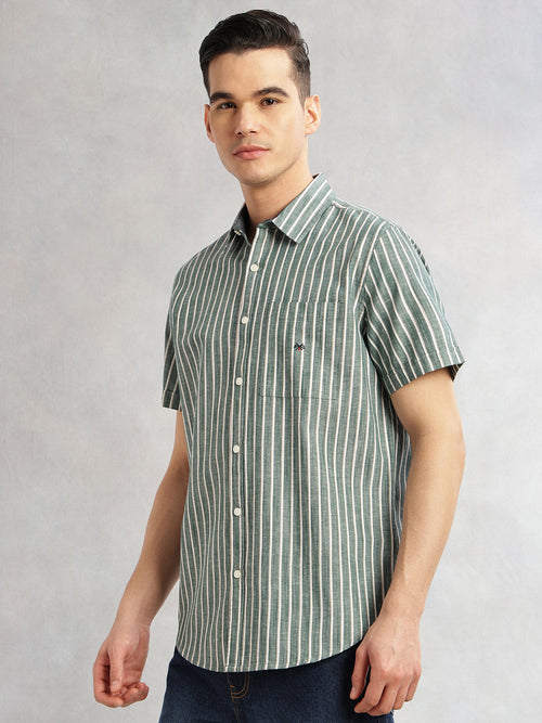 Thomas Scott Men Green Slim Fit Cotton Linen Vertical Stripes Casual Shirt with Spread Collar & Short Sleeves