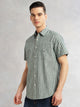 Green Slim Fit Cotton Linen Vertical Stripes Casual Shirt For Men with Spread Collar & Short Sleeves