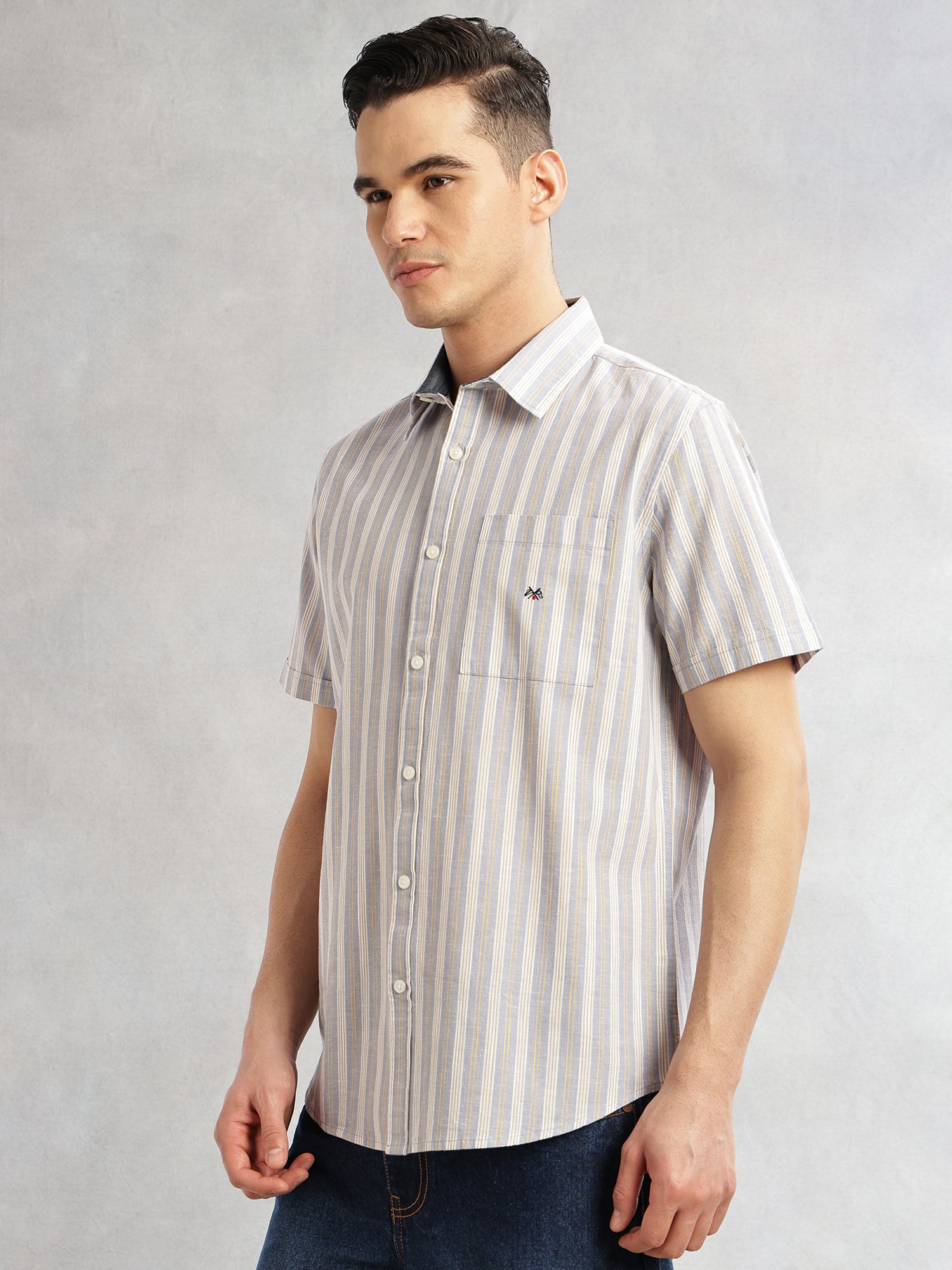 Thomas Scott Men Mid Blue Slim Fit Cotton Linen Vertical Stripes Casual Shirt with Spread Collar & Short Sleeves