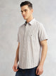 Mid Blue Slim Fit Cotton Linen Vertical Stripes Casual Shirt For Men with Spread Collar & Short Sleeves