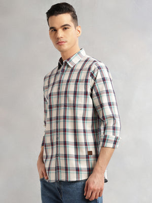 Thomas Scott Men Beige Slim Fit Long Sleeves Spread Collar Tartan Check 100% Cotton Casual Shirt