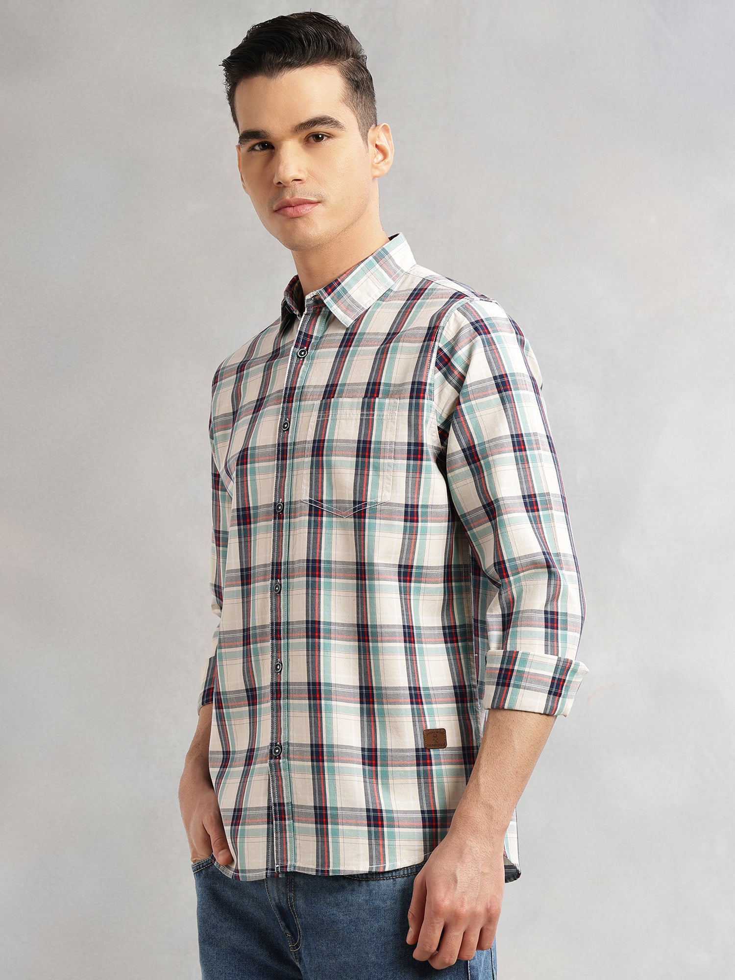 Thomas Scott Men Beige Slim Fit Long Sleeves Spread Collar Tartan Check 100% Cotton Casual Shirt