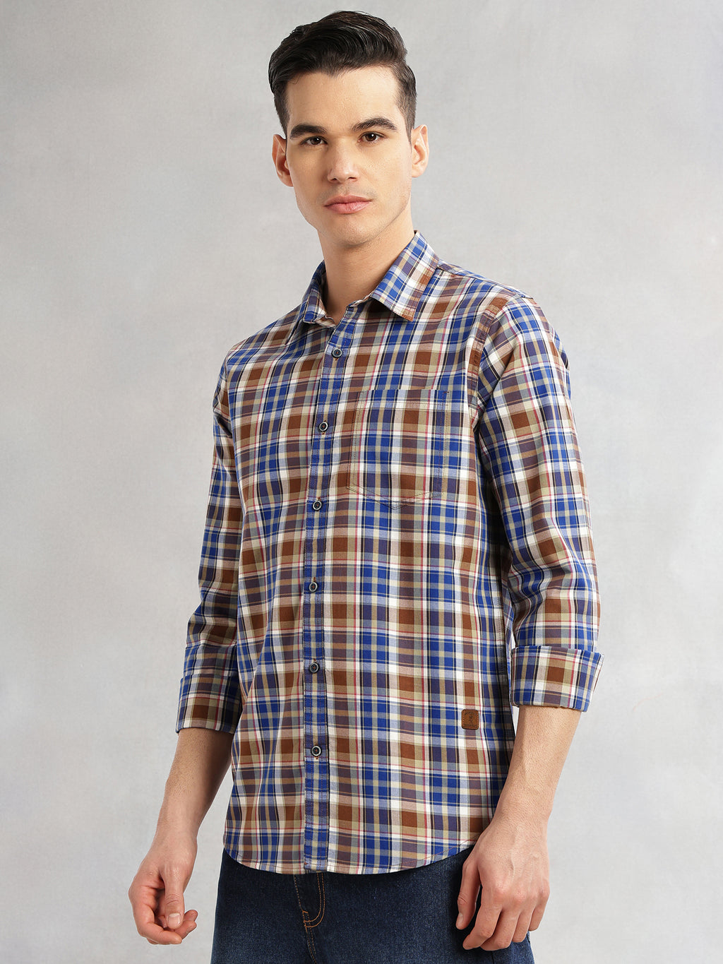 Thomas Scott Men Blue Slim Fit Long Sleeves Spread Collar Tartan Check 100% Cotton Casual Shirt