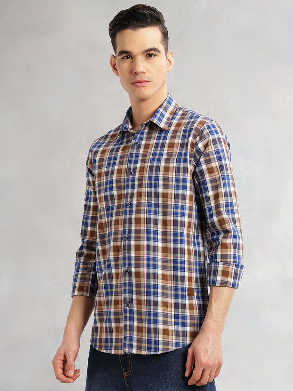 Blue Slim Fit Long Sleeves Spread Collar Tartan Check 100% Cotton Casual Shirt For Men