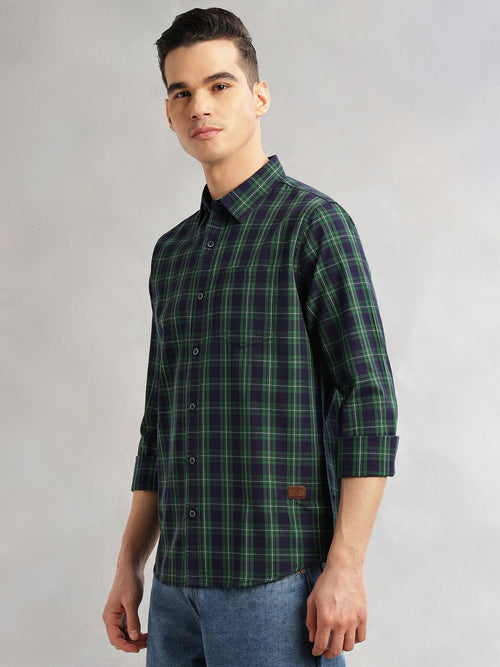 Thomas Scott Men Green Slim Fit Long Sleeves Spread Collar Tartan Check 100% Cotton Casual Shirt