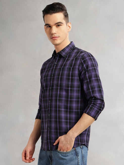 Thomas Scott Men Purple Slim Fit Long Sleeves Spread Collar Tartan Check 100% Cotton Casual Shirt