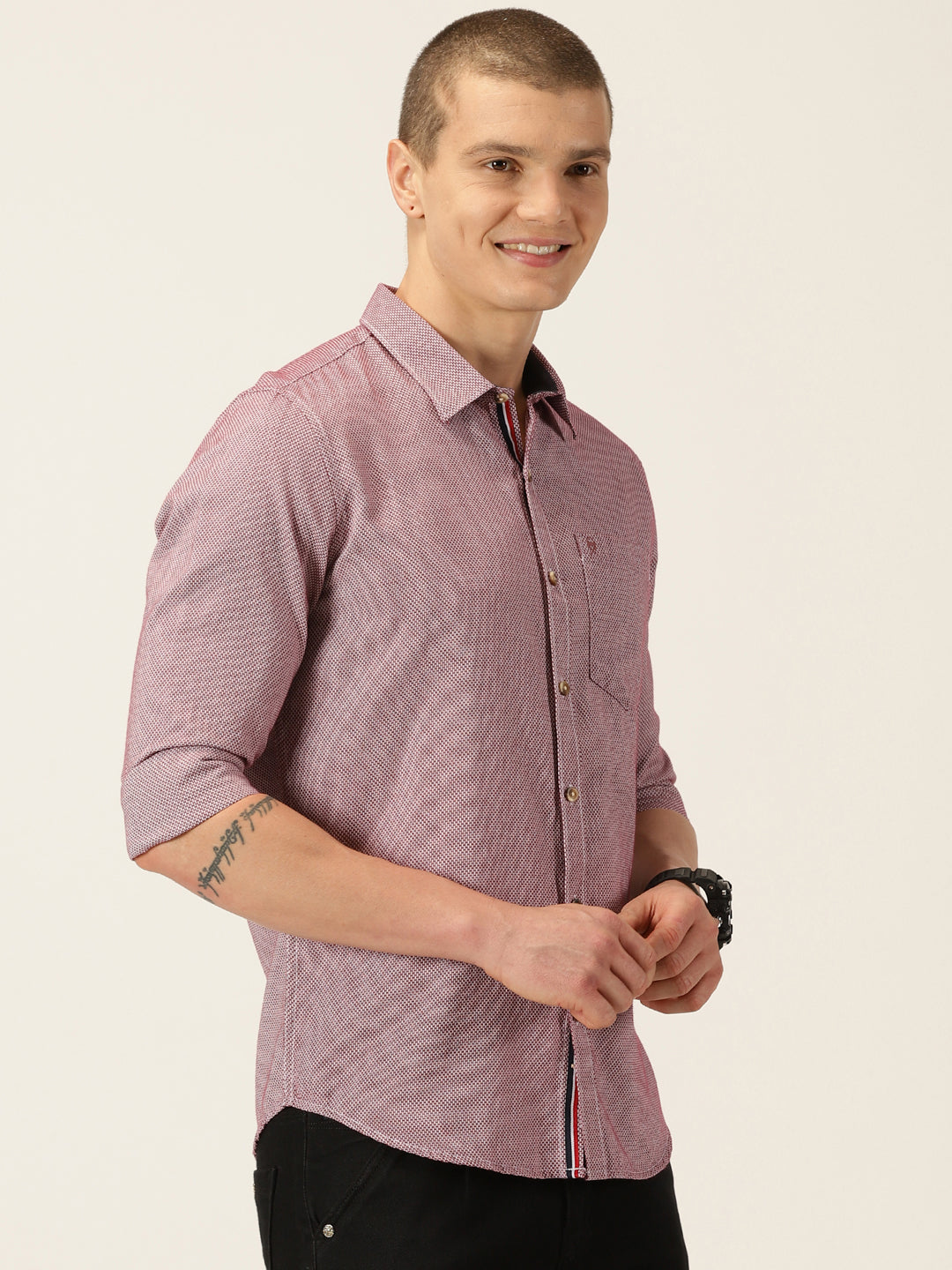 Thomas Scott Men Maroon Slim Fit Long Sleeves Spread Collar Graphic Checks Cotton Casual Shirt
