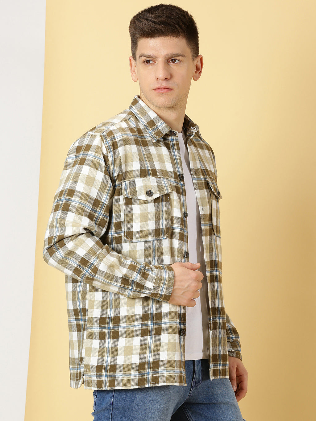 Thomas Scott Men Beige Regular Fit Long Sleeves Spread Collar Tartan Checks Casual Shacket