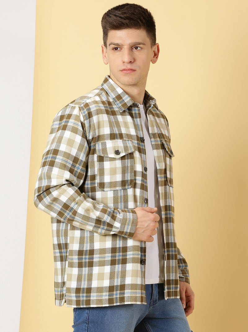 Thomas Scott Men Beige Regular Fit Long Sleeves Spread Collar Tartan Checks Casual Shacket