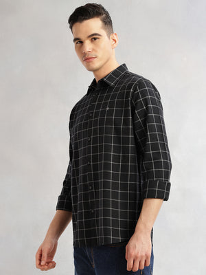 Thomas Scott Men Black Slim Fit Long Sleeves Spread Collar Windowpane Check 100% Cotton Twill Casual Shirt